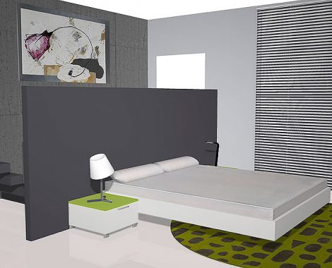 Habitacion de matrimonio con un aro flotante y 2 mesitas colocados en una pared color gris.